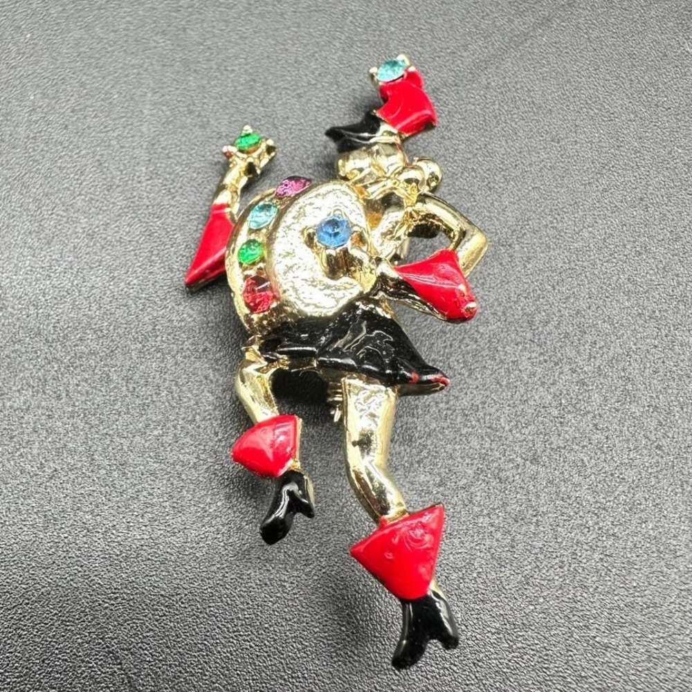 Vintage Harlequin Jester Brooch Rhinestone Enamel Costume Jewelry Pin Enamel